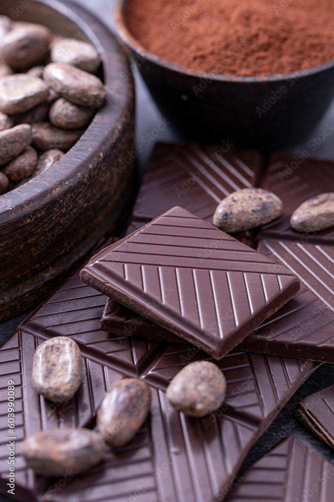 Chocolate pieces and ground cocoa beans Chocolate pieces and ground cocoa beans