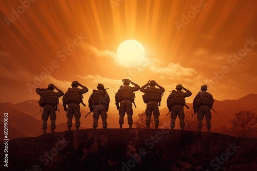 Illustration for Independence Day of the United States, July 4th - Soldiers with American flag under a beautiful sun. Generative AI