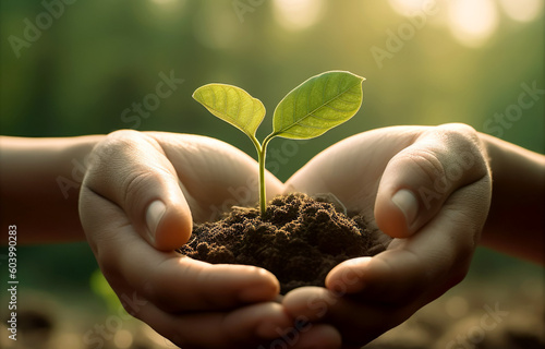 Hands holding small plant growing from soil. Nature green bokeh background. Earth day concept. Generative AI