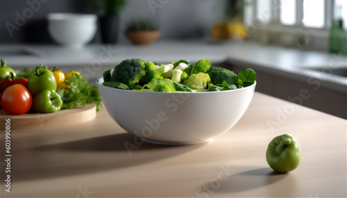 close up of fresh green salad in a white bowl in the kitchen, blurred background, ai generated
