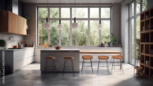 Modern spacious minimalistic kitchen with loft elements with large panoramic windows. Dining area, table and chairs. Combination of wood and concrete. Comfortable living space. Generative AI