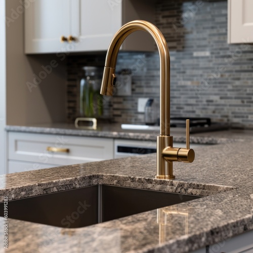 Gold-colored kitchen faucet with a sink on a marble countertop. Comfortable and beautiful workspace. Modern kitchen interior design. Generative AI