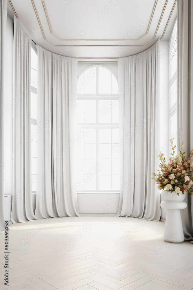 Enchanting Atmosphere: Golden Ratio Composition of a Beautiful White Room with Elegant Curtains and Dreamy Ambiance Enchanting Atmosphere: Golden Ratio Composition of a Beautiful White Room with Elegant Curtains and Dreamy Ambiance