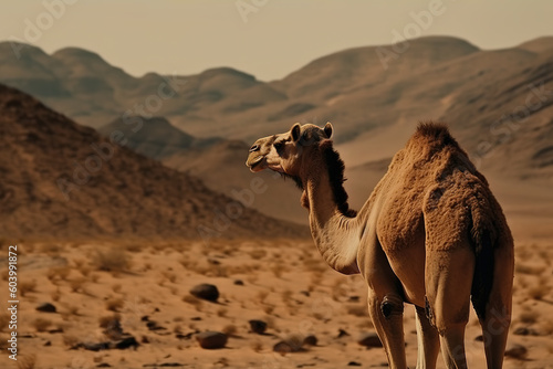 Image of a camel standing in the middle of the arid desert. Wildlife Animals. Illustration. Generative AI.