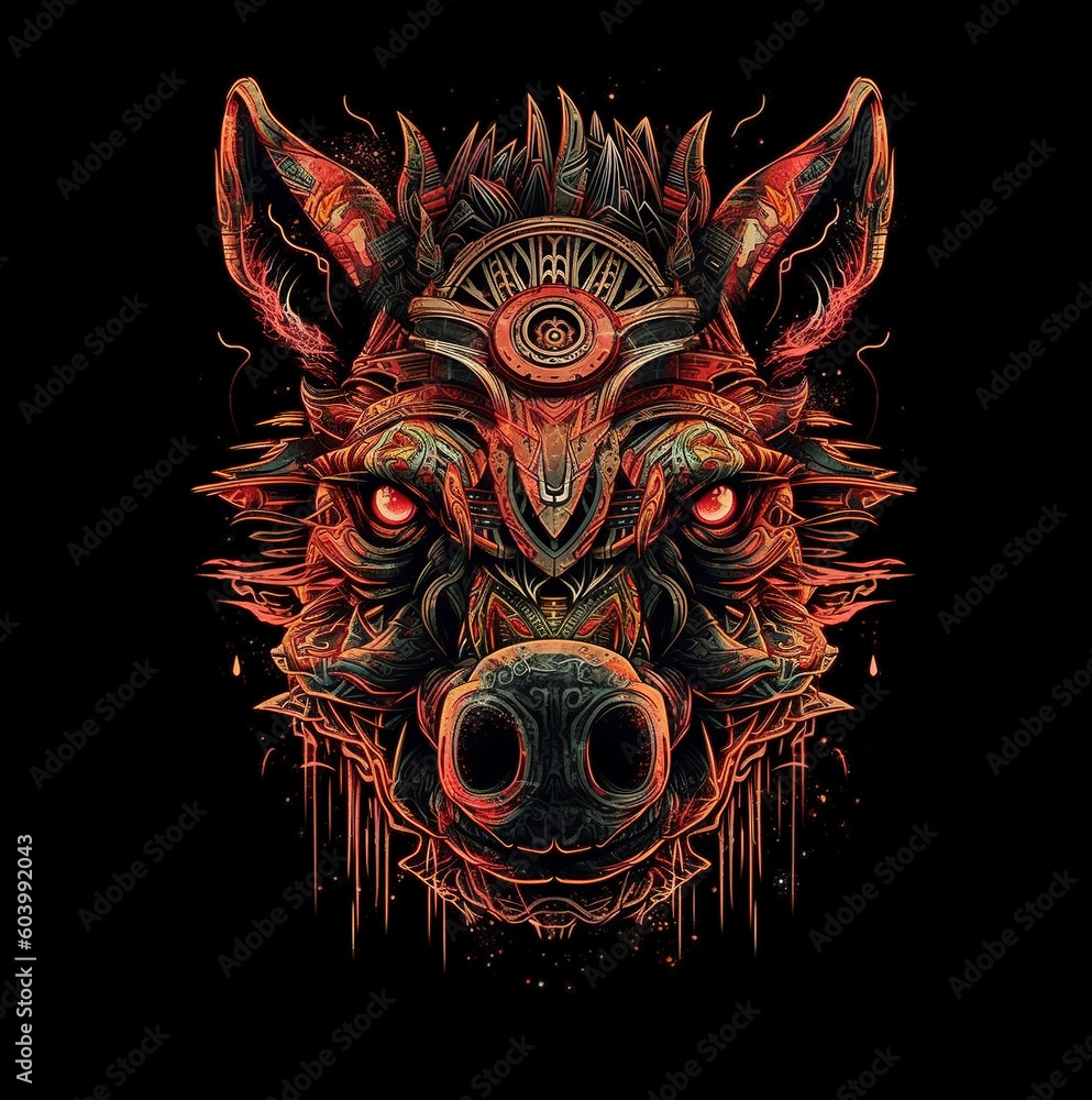 Image of cyberpunk wild boar mask with colorful patterns on black background. Wildlife Animals. Illustration. Generative AI.