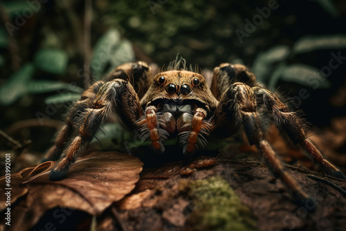 Image of tarantula spider in the forest on natural background. Insect. Wild Animals. illustration. Generative AI.