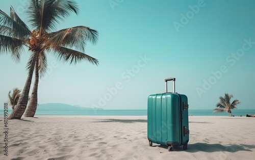 Baggage bag on the tropical beach. Travel concept with tropical beach view and baggage on the white sand Generative AI © GulArt