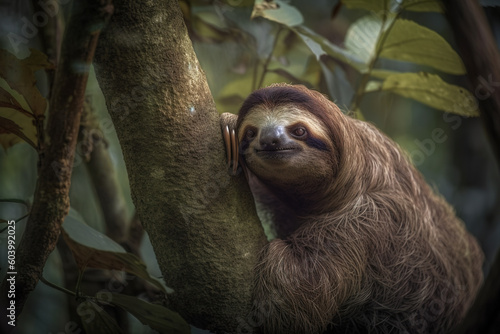 Image of a cute sloth on a tree on natural background. Wild Animals. illustration. Generative AI.