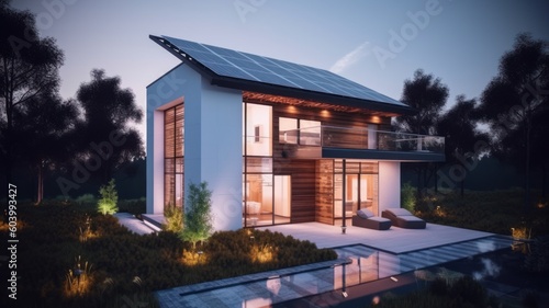 Modern two-story cottage with a spacious terrace and solar panels on the roof. Neat lawn in front of the house. Swimming pool in the foreground. Soft sunset light. The concept of Generative AI © Georgii