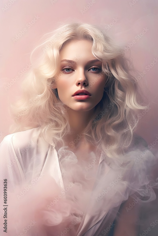 Beautiful blonde woman standing in a huge white cloud of smoke. Sensual female beauty model with amazing pale skin. Generated AI.