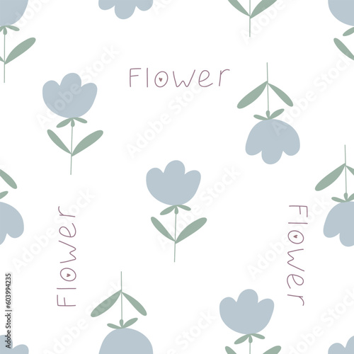 Blue flower leaf seamless pattern field wild flat. Baby blue plant light print cloth bedding ditsy style wrap paper interior design spring summer pastel cute natural floral vintage white background