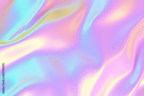 Abstract trendy holographic blue foil background - holo foil . Wavy texture in pastel violet  blue and yellow.  