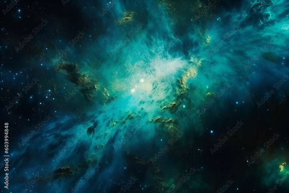 Space background with realistic nebula and shining stars. Cosmos with stardust and milky way. Magic color galaxy. Infinite universe and starry night. AI illustration. For science fiction, wallpaper.