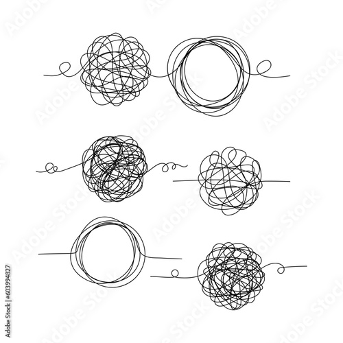 Set of random chaotic lines. Hand drawing insane tangled scribble clew