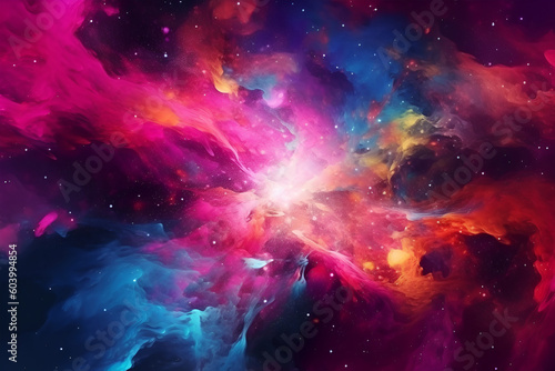 Space background with realistic nebula and shining stars. Cosmos with stardust and milky way. Magic color galaxy. Infinite universe and starry night. AI illustration. For science fiction  wallpaper.