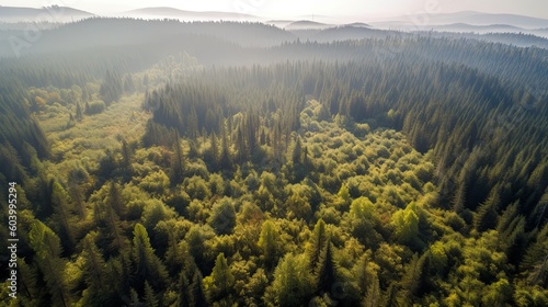 World Environment Day. Aerial view of a vibrant green forest with a different tree species, showcasing the biodiversity and interconnectedness of ecosystems. Generative ai © fotografci2019