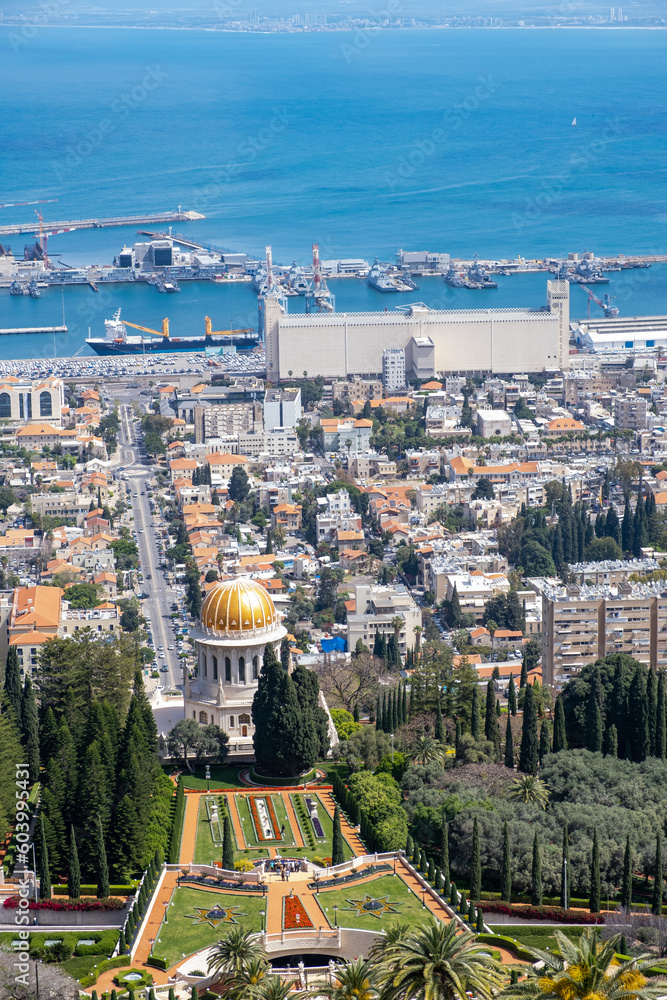 The cityscape of Haifa city and metropolitan area. Panoramic view of the Bahai gardens