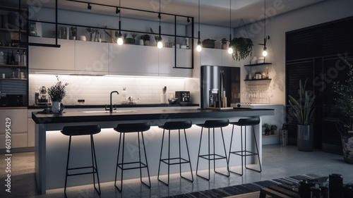 Modern kitchen in a minimalist loft style with a long bar and chairs in a row. Combination of white and black. Living plants in the interior. Comfortable design, effective lighting. Generative AI