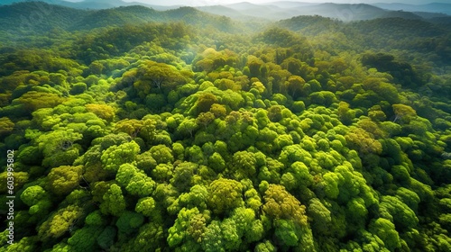 World Environment Day. Aerial view of a vibrant green forest with a different tree species  showcasing the biodiversity and interconnectedness of ecosystems. Generative ai