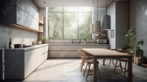 Modern spacious minimalistic kitchen with loft elements with large panoramic windows. Dining area, table and chairs. Combination of wood and concrete. Comfortable living space. Generative AI © Georgii