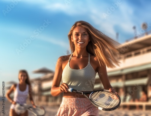 Girls play beach tennis. Generative AI