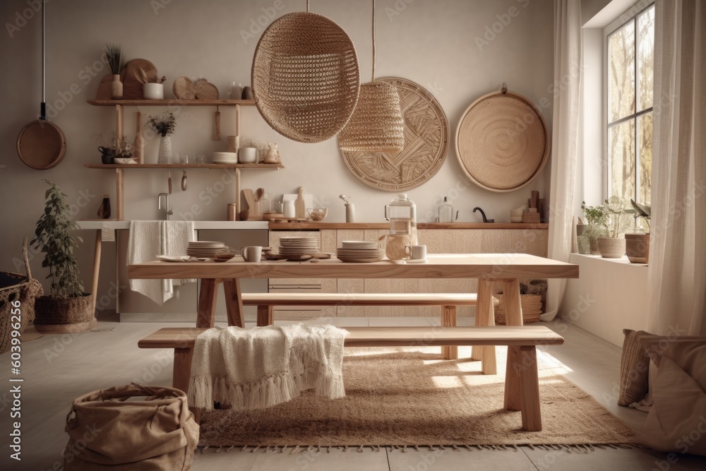 Kitchen and dining room in the original eco-style. Table, chairs, benches, shelves and dishes made of natural wood, wicker lampshades, live plants. Ecostyle in living space. Generative AI Kitchen and dining room in the original eco-style. Table, chairs, benches, shelves and dishes made of natural wood, wicker lampshades, live plants. Ecostyle in living space. Generative AI