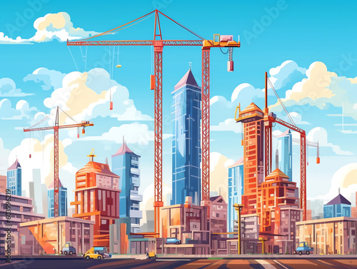 Construction site, building a house. Thin line flat design modern vector illustration concept. Thin line art style design for business startup. Generative AI.