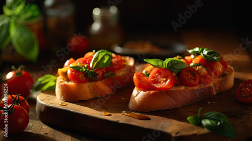 Bruschetta with Tomato and Basil, in country kitchen. Ai generative