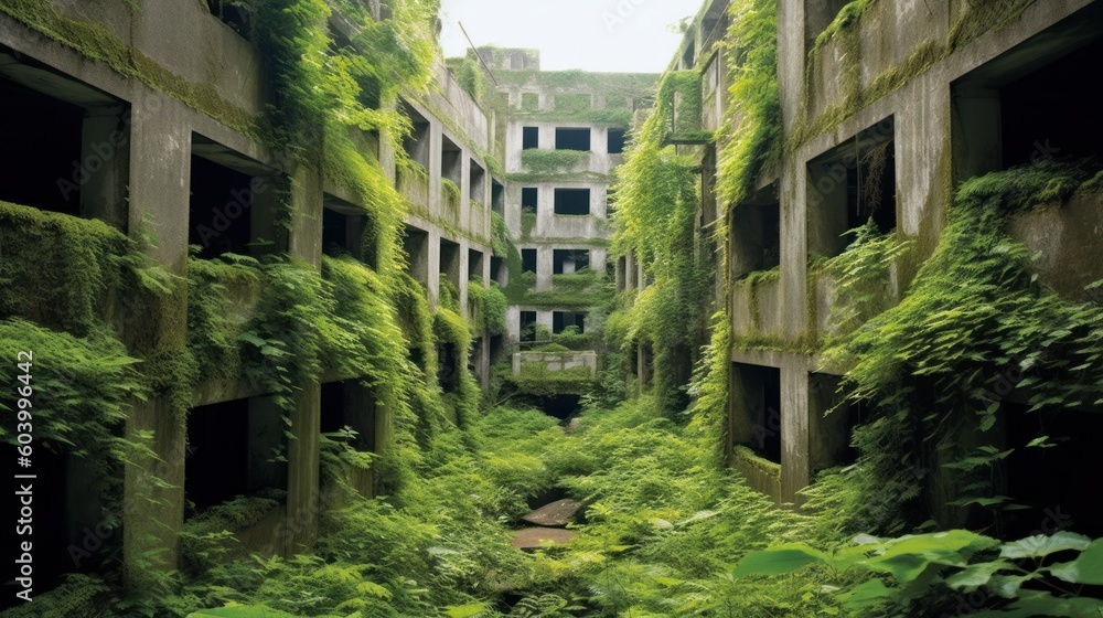 Abandoned city that has long been reclaimed by nature Abandoned city that has long been reclaimed by nature