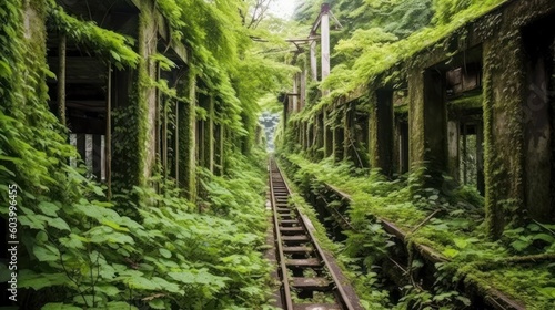Abandoned city that has long been reclaimed by nature