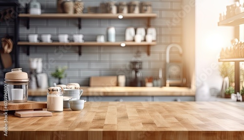 Wallpaper Mural Empty Wooden Countertop and Shelf in Kitchen Background. Generative AI illustrations. Torontodigital.ca