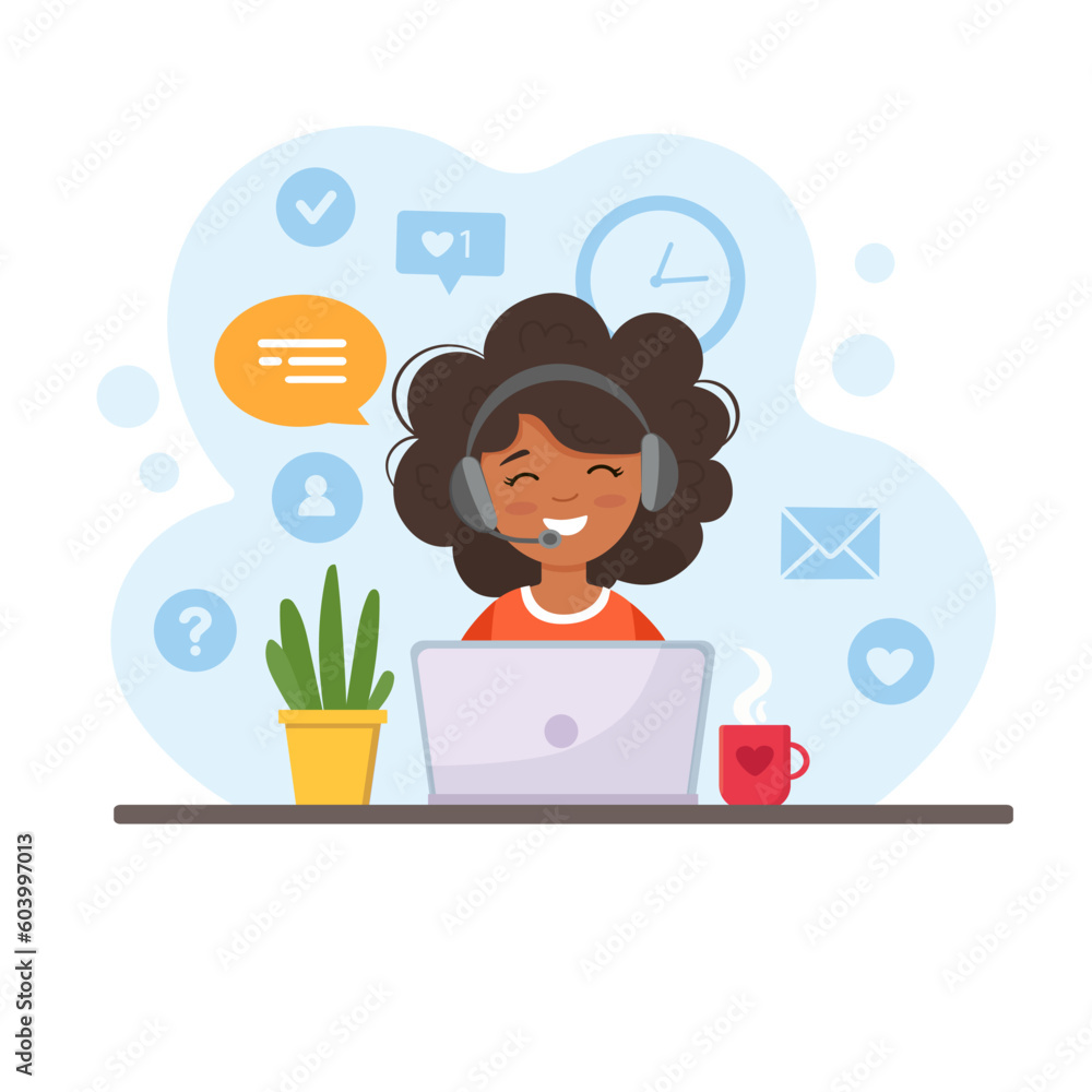 black woman with headphones and microphone with laptop. working at home. Concept of online education, freelance, remote work, support, call center. Customer service. Vector illustration. black woman with headphones and microphone with laptop. working at home. Concept of online education, freelance, remote work, support, call center. Customer service. Vector illustration.