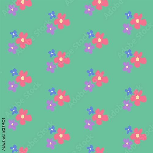 Childish cutout vector floral seamless pattern. Pastel flowers in papercraft flat style on green background. Suitable for kids textile, fabric, wallpaper, wrapping paper, background, interior decor