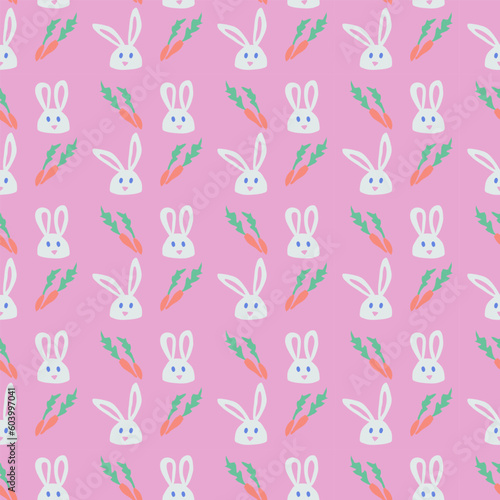 Childish papercut seamless pattern with bunnies and carrots. White cutout flat rabbit illustartion on pink background. Ideal for kids textile, wallpaper, wrapping paper, background, interior decor
