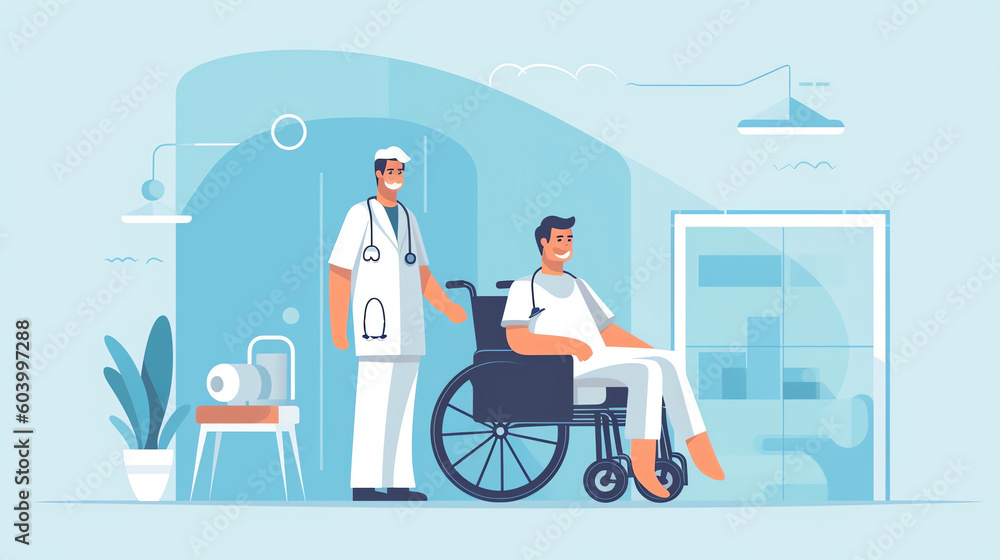 Disabled man sitting in wheelchair. Woman is walking, leaning on orthopedic walker. Guy with broken leg in cast with crutches. People with disabilities. Rehabilitation Generative AI. Disabled man sitting in wheelchair. Woman is walking, leaning on orthopedic walker. Guy with broken leg in cast with crutches. People with disabilities. Rehabilitation Generative AI.