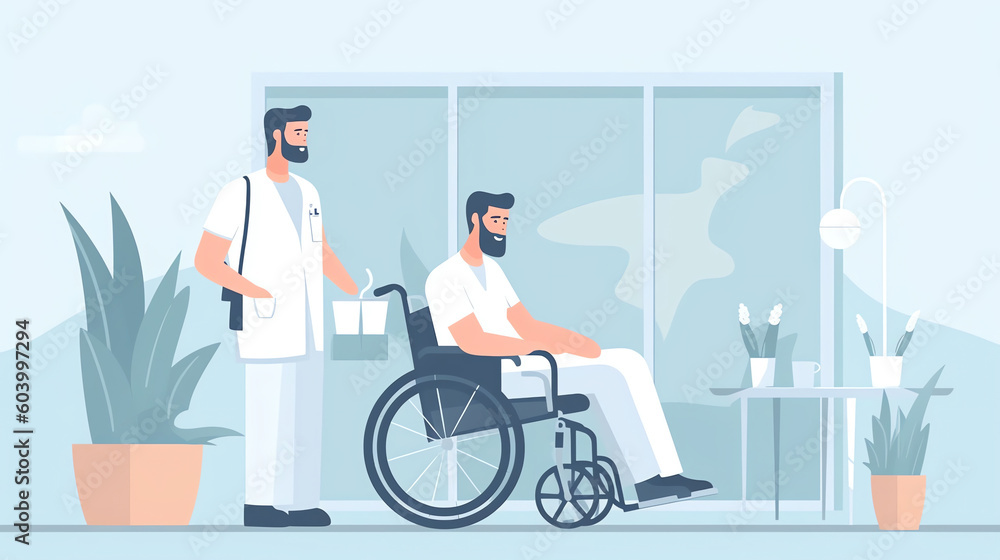 Disabled man sitting in wheelchair. Woman is walking, leaning on orthopedic walker. Guy with broken leg in cast with crutches. People with disabilities. Rehabilitation Generative AI. Disabled man sitting in wheelchair. Woman is walking, leaning on orthopedic walker. Guy with broken leg in cast with crutches. People with disabilities. Rehabilitation Generative AI.