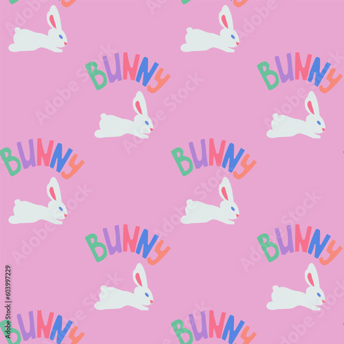 Childish cutout seamless pattern with word Bunny and white rabbit. Papercraft illustartion in pastel colors on pink background. Can be used for kids textile, wallpaper, wrapping paper, decoration