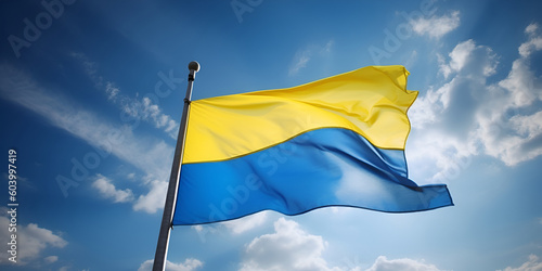 Ukraine flag fluttering in blue sky. Large yellow blue Ukrainian state flag. Independence Constitution Day, National holiday. AI generative photo