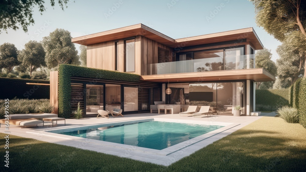 A modern two-storey high-tech minimalist villa with huge panoramic windows, a neat green lawn and a swimming pool in the foreground. Modern comfortable living environment. Generative AI