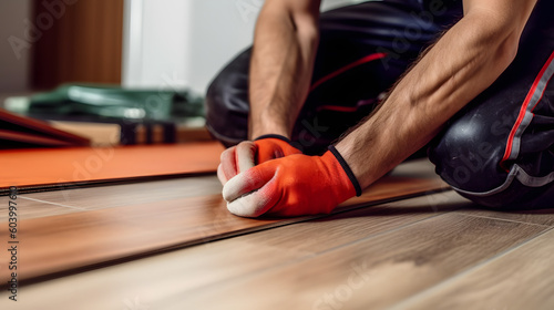 Professional builder man laying laminate flooring at home