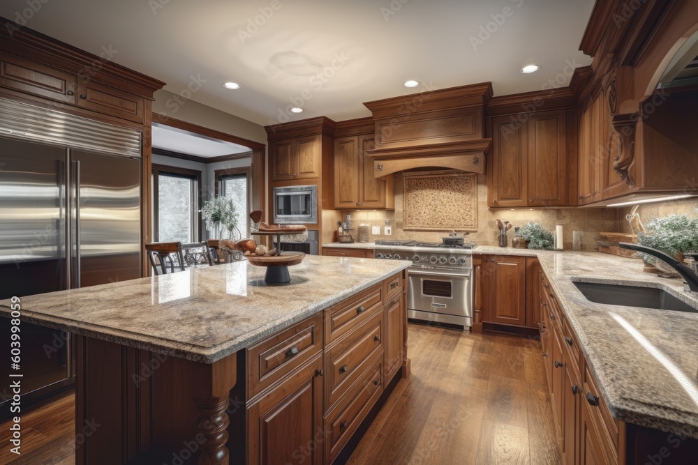 Modern kitchen in a country house. Classic style, natural wood facades, marble countertops. Kitchen island with large worktop. Generative AI