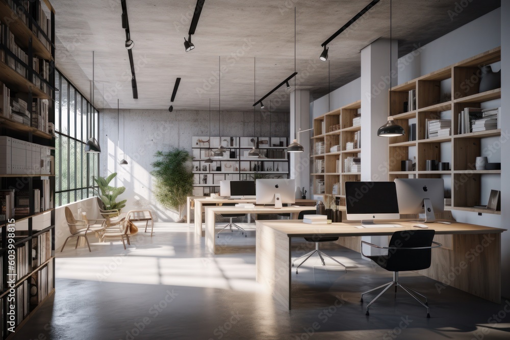 Modern spacious loft office. The combination of wood and concrete in the finishes, large work tables, modern computers, shelves and a seating area. Large panoramic windows. Comfortable Generative AI Modern spacious loft office. The combination of wood and concrete in the finishes, large work tables, modern computers, shelves and a seating area. Large panoramic windows. Comfortable Generative AI