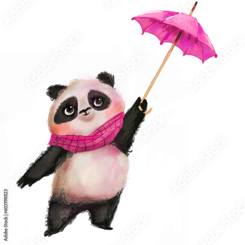 Cute panda chinese baby watercolor cartoon animal character hand drawn cuddly nursery illustration isolated on white rainy weather umbrella. apparel, stationery, happy birthday anniversary card, gift