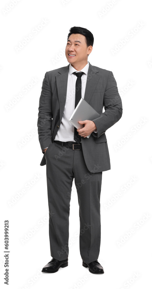 Businessman in suit with tablet on white background Businessman in suit with tablet on white background