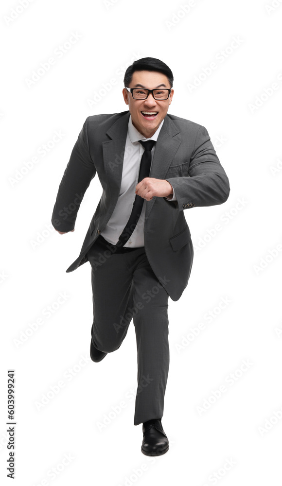 Businessman in suit running on white background Businessman in suit running on white background