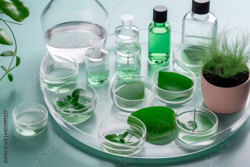 Organic Cosmetic laboratory concept. Glass petri dish with cosmetic products and green plants. Generative AI