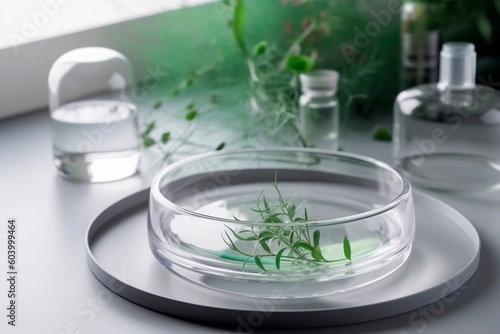 Organic Cosmetic laboratory concept. Glass petri dish with cosmetic products and green plants. Generative AI