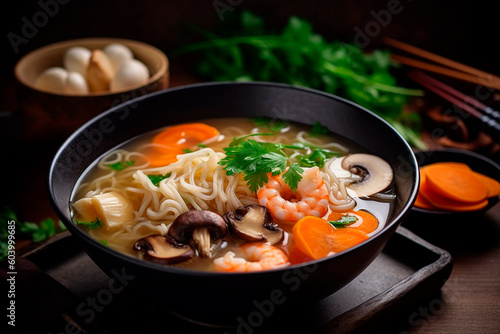 Noodle soup with vegetables and seafood, Asian cuisine. Generative AI 