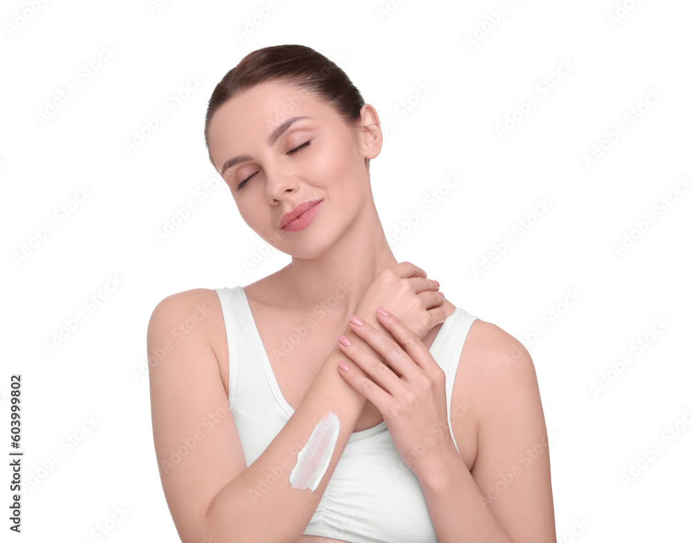 Beautiful woman with smear of body cream on her arm against white background Beautiful woman with smear of body cream on her arm against white background