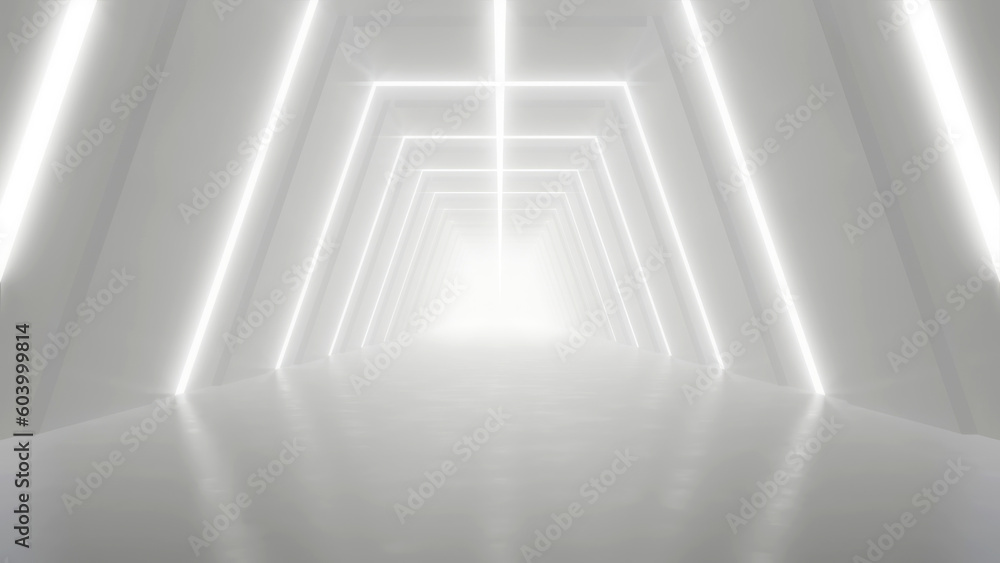 Fototapeta premium Abstract white futuristic geometric tunnel, architecture design concept, 3d rendering.
